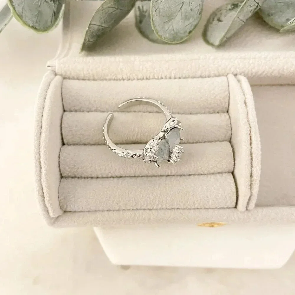 925 Sterling Silver Crystal Heart Ring Geometric Modern Heart Ring Adjustable - Picture 5 of 11